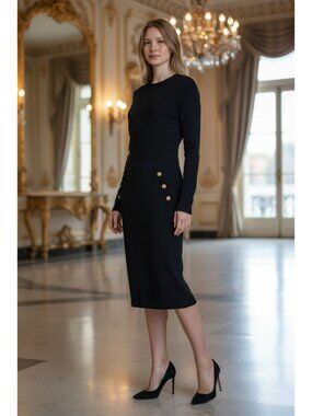 DKNY Womens Size M Black Midi Sweater Dress Gold Button Long Sleeves Stretch